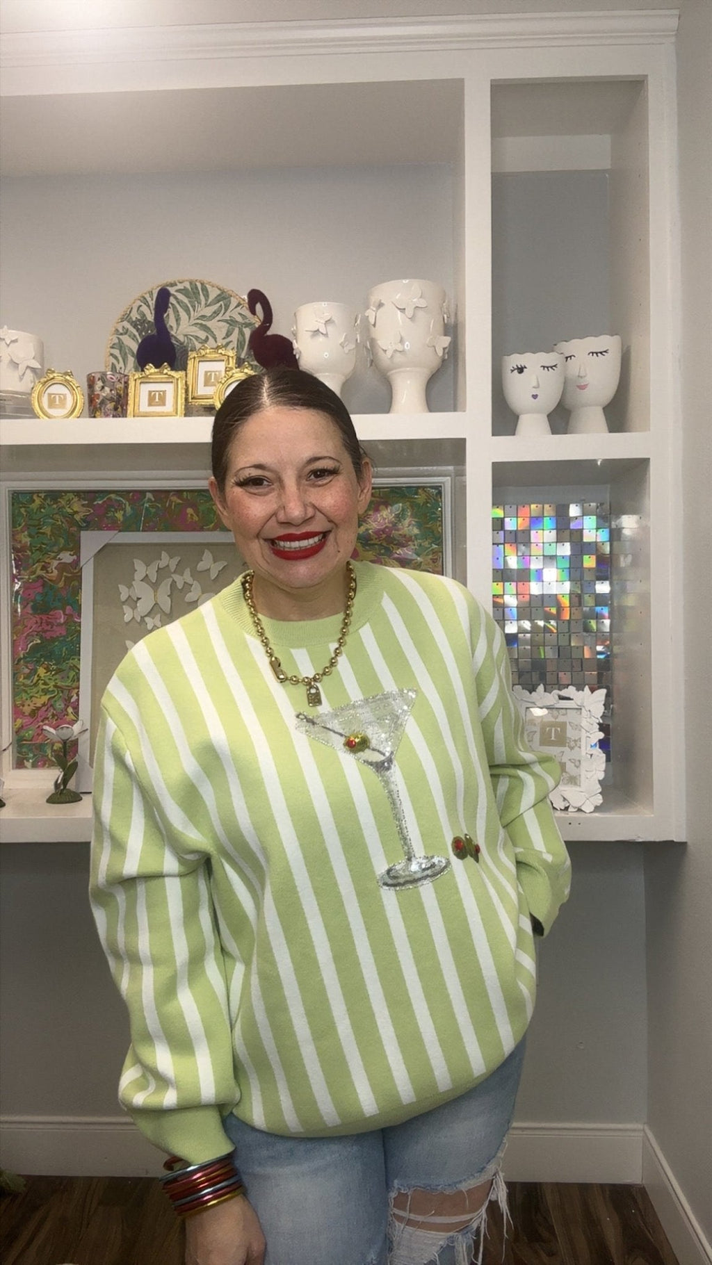 QOS Olive Green & White Stripe Martini Sweater