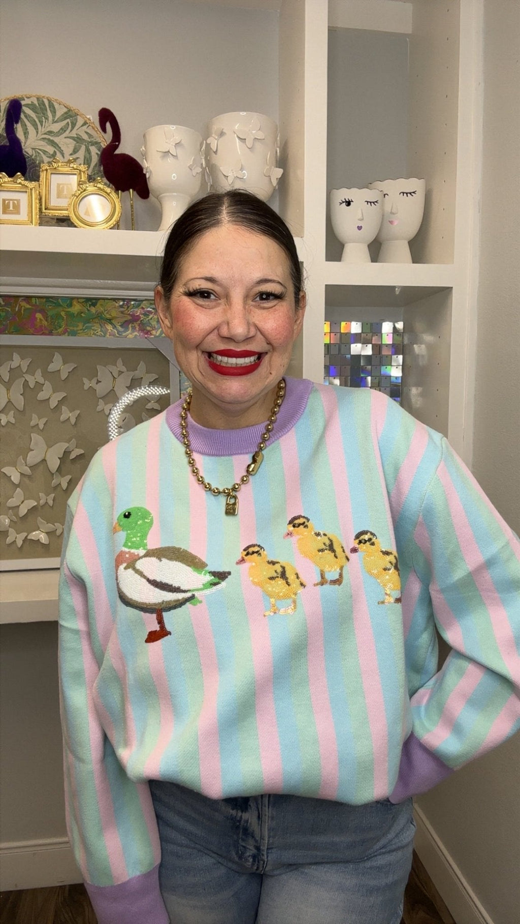 QOS Pastel Striped Duck & Chicks Sweater