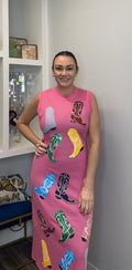 QOS Pink Knit Multi Cowboy Boot Tank Midi Dress