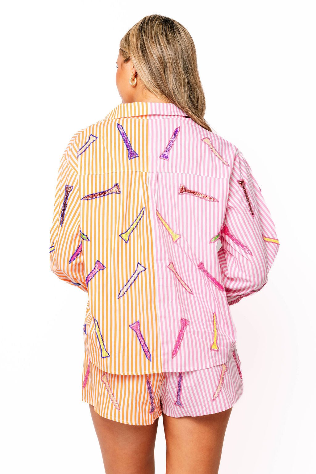 QOS Pink & Orange Striped Colorblock Golf Clubs Button Up Top