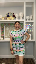 QOS Rainbow Checkered Scattered Shamrock Button Up Knit Short Sleeve Dress