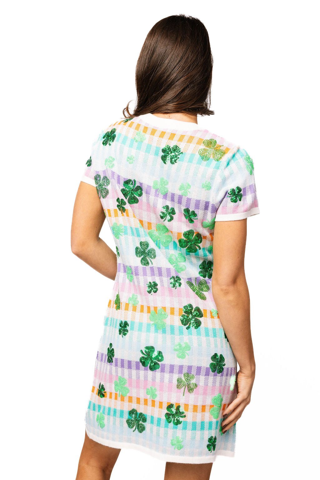 QOS Rainbow Checkered Scattered Shamrock Button Up Knit Short Sleeve Dress