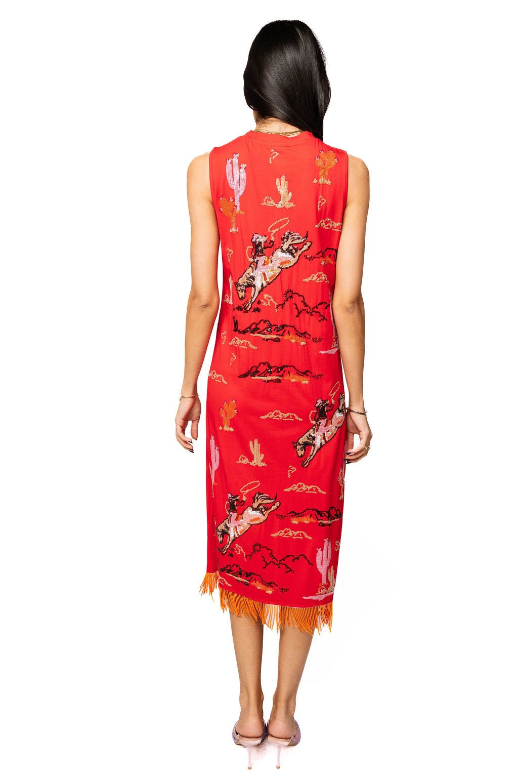 QOS Red Bucking Cowgirl Fringe Bottom Midi Tank Dress