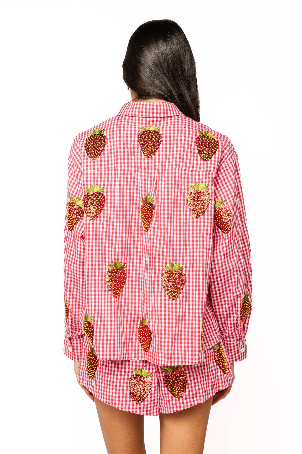 QOS Red & White Gingham Beaded Strawberry Button Up Cotton Long Sleeve Top