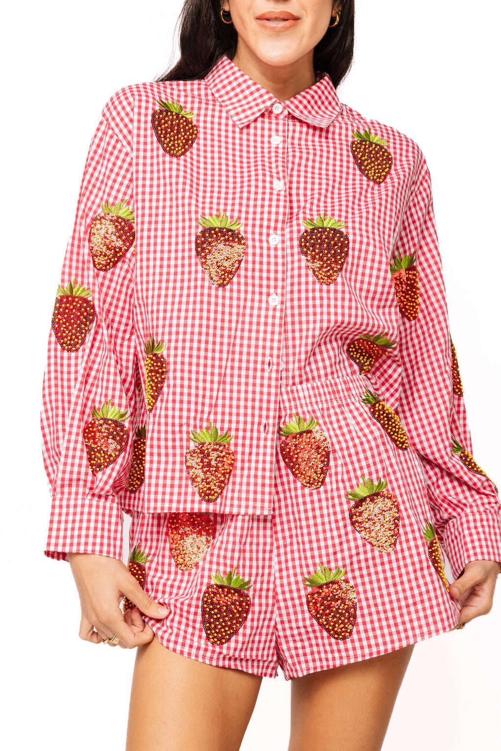 QOS Red & White Gingham Beaded Strawberry Short