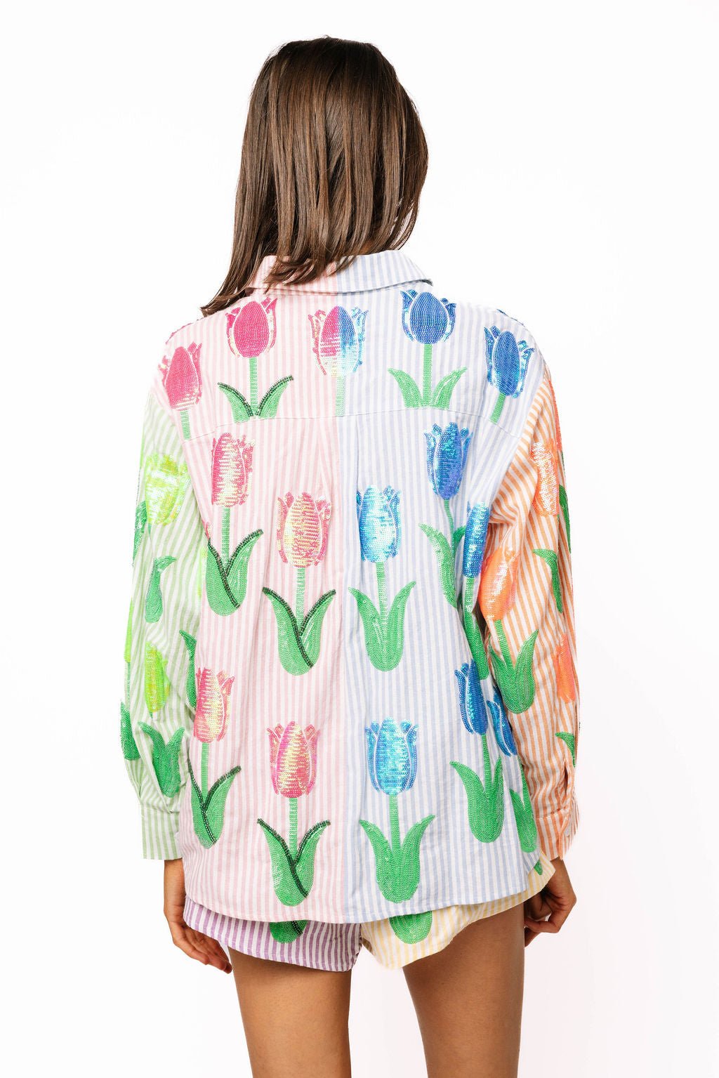 QOS Striped Colorblock Sequin Tulip Button Up Cotton Long Sleeve Top