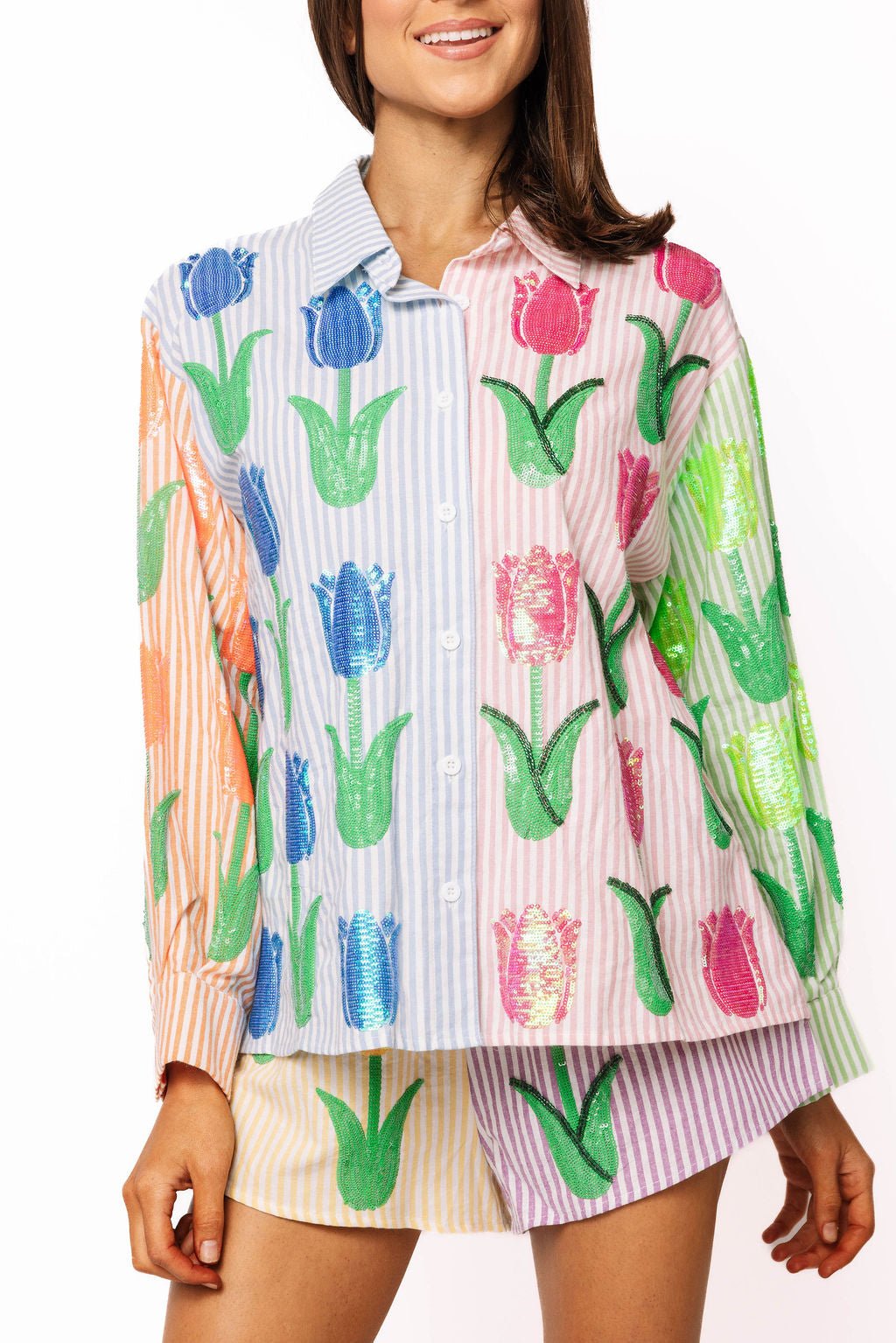 QOS Striped Colorblock Sequin Tulip Button Up Cotton Long Sleeve Top