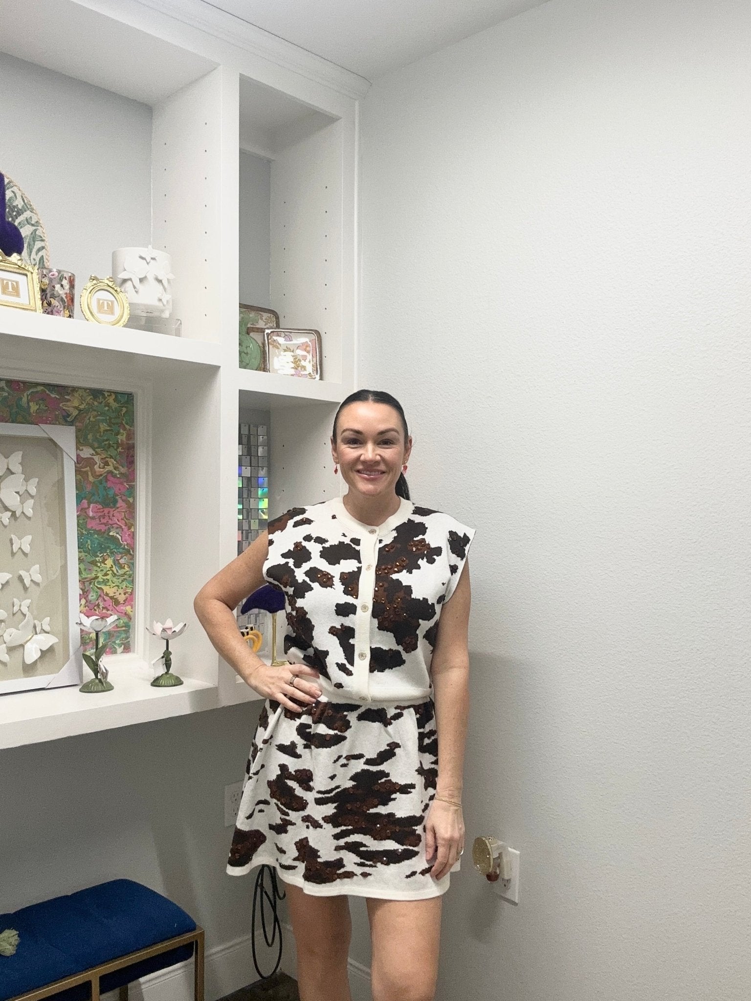 QOS White & Brown Sequin Cow Print Skirt