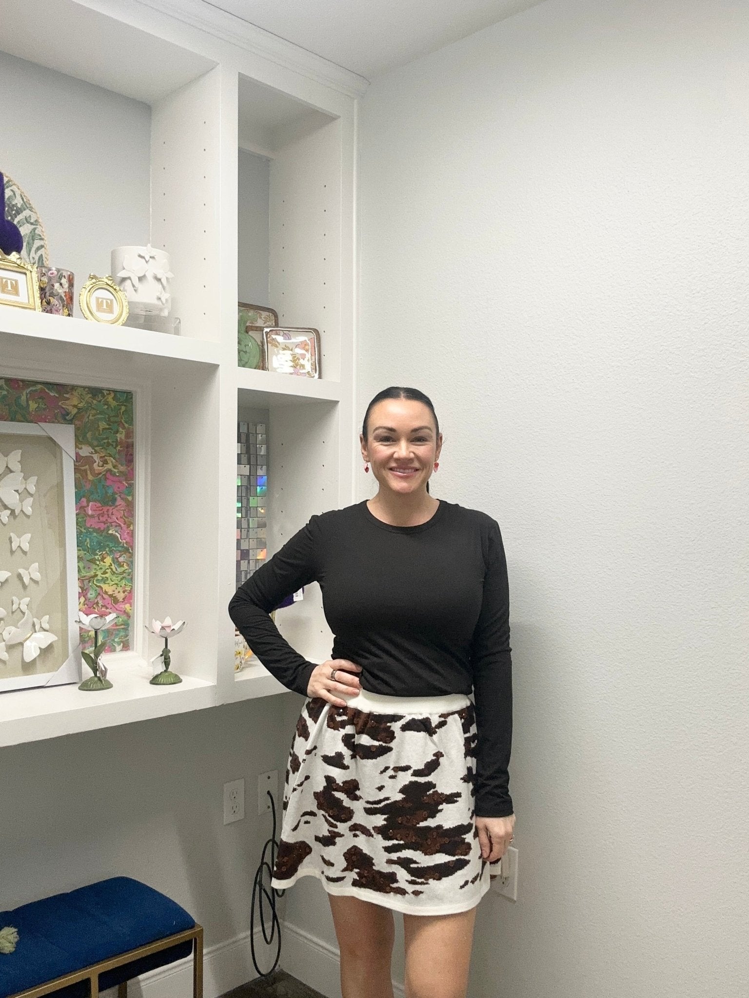 QOS White & Brown Sequin Cow Print Skirt