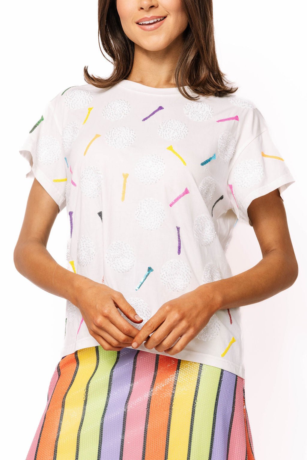 QOS White Golf Ball & Multi Golf Tee T-Shirt