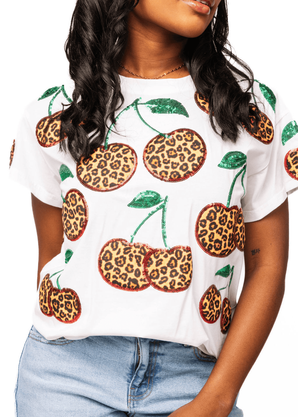QOS White Leopard Print Cherry Tee