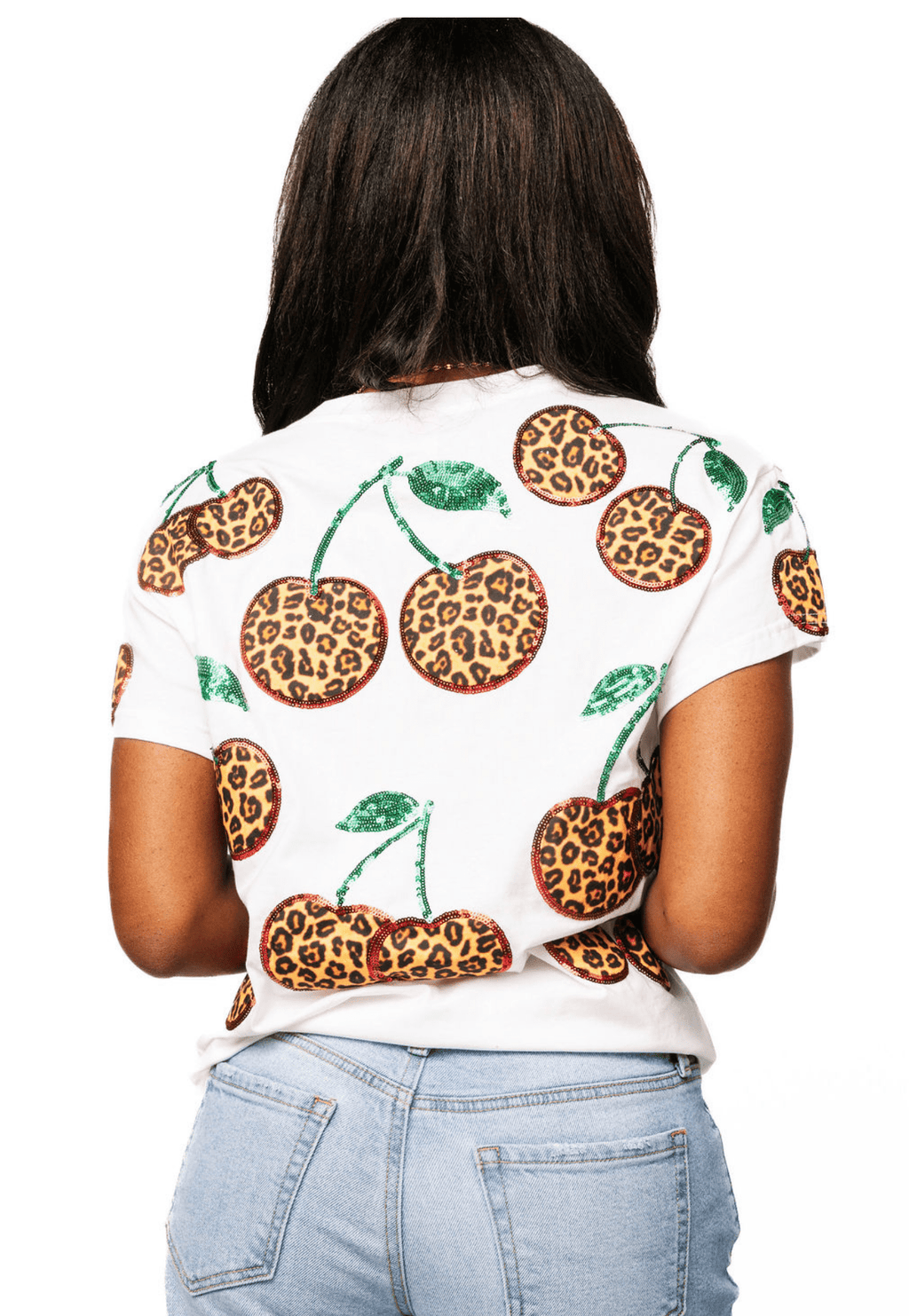 QOS White Leopard Print Cherry Tee