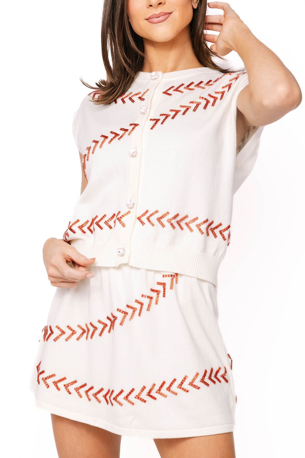 QOS White & Red Beaded Baseball Stitch Button Up Vest