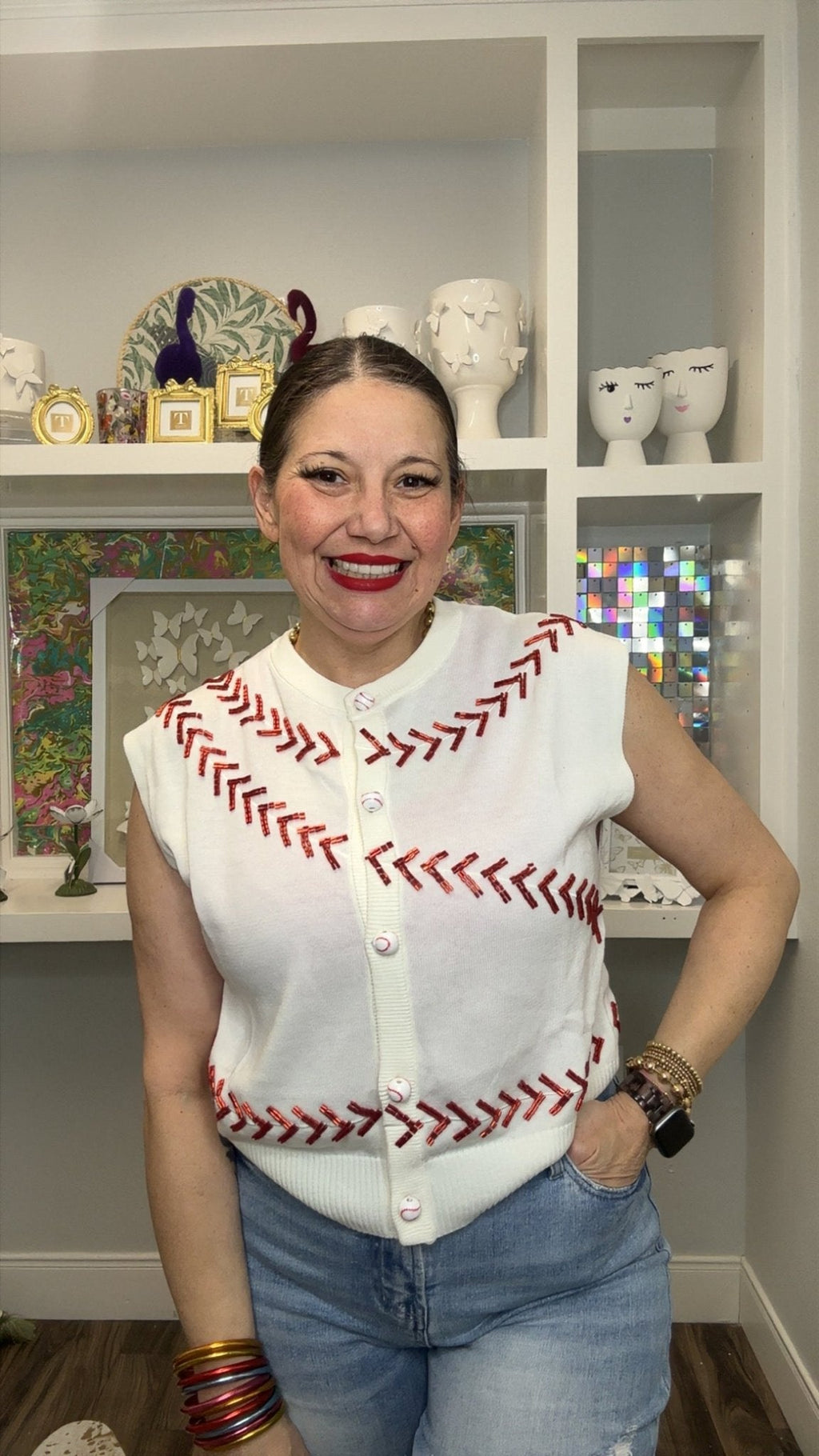 QOS White & Red Beaded Baseball Stitch Button Up Vest