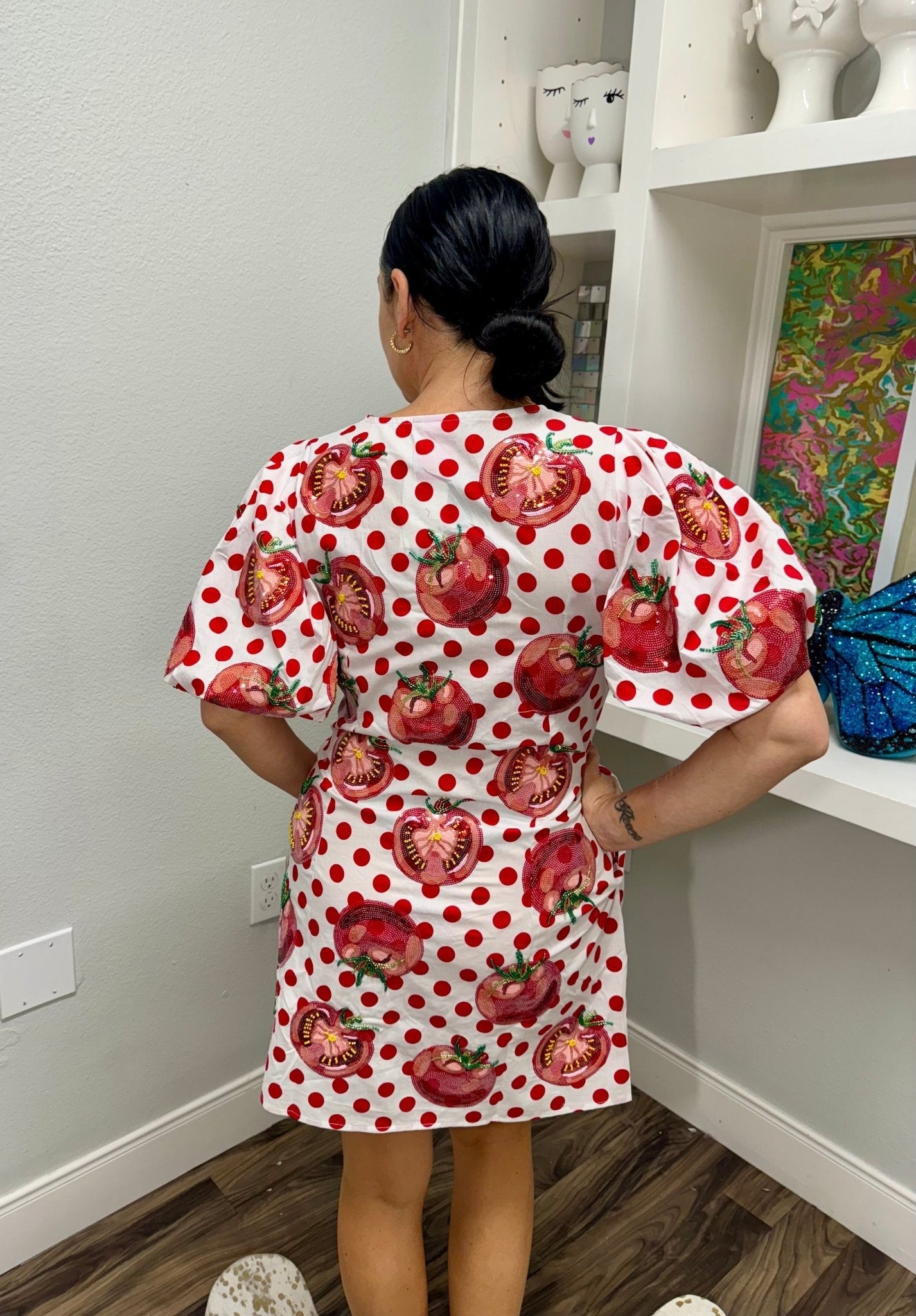 QOS  White & Red Polka Dot Tomato Button Up Dress