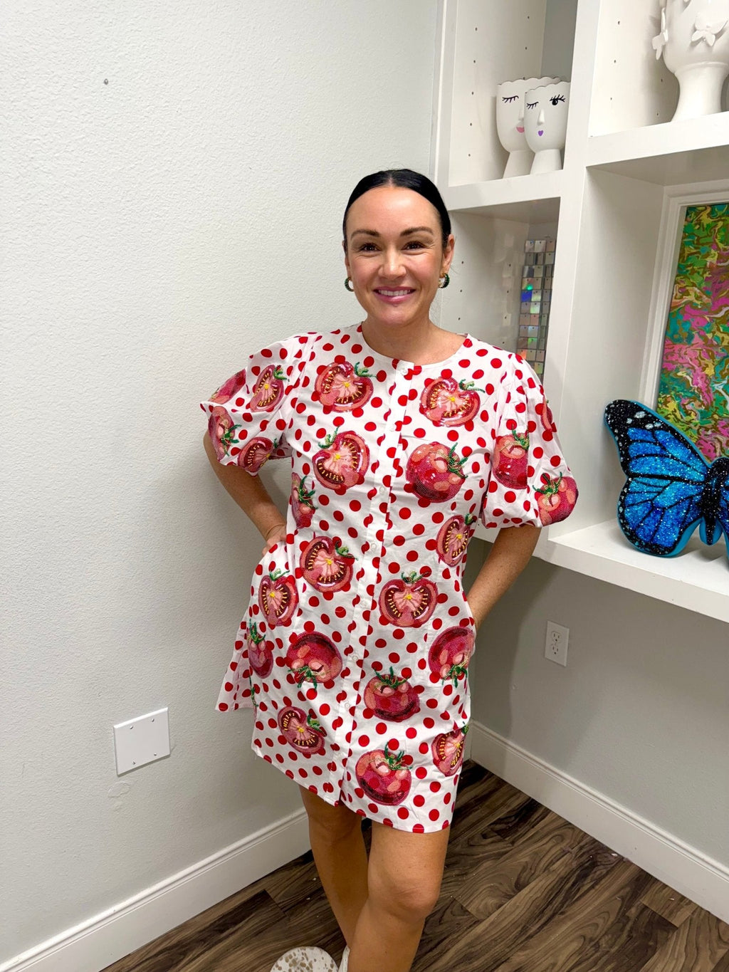QOS  White & Red Polka Dot Tomato Button Up Dress