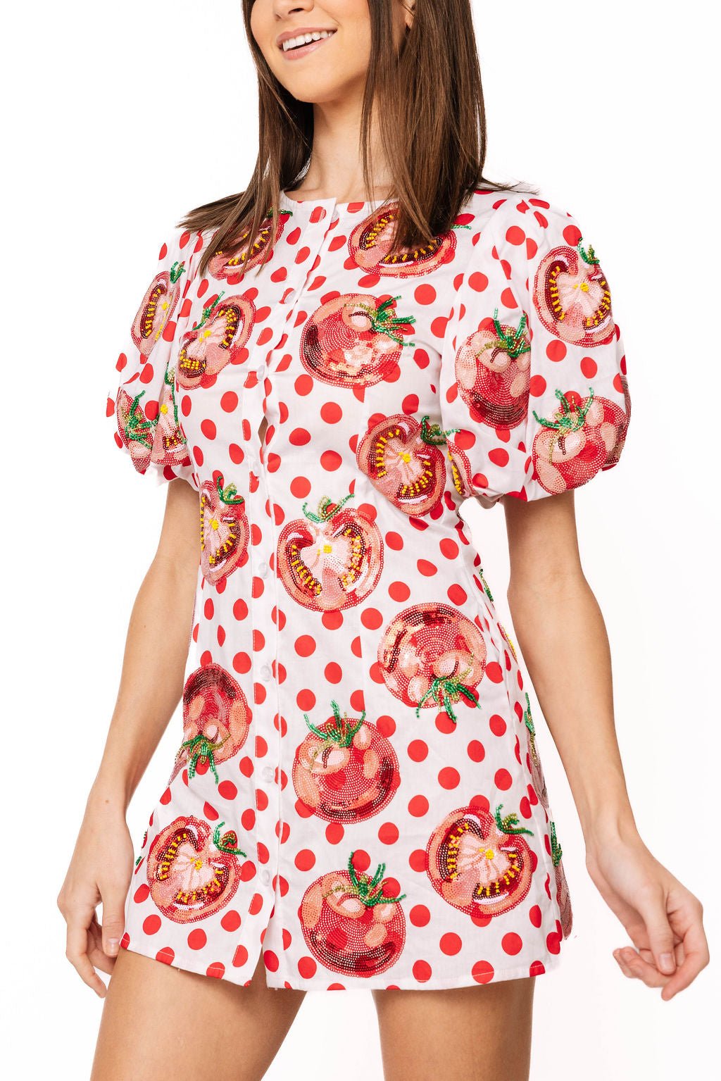 QOS  White & Red Polka Dot Tomato Button Up Dress