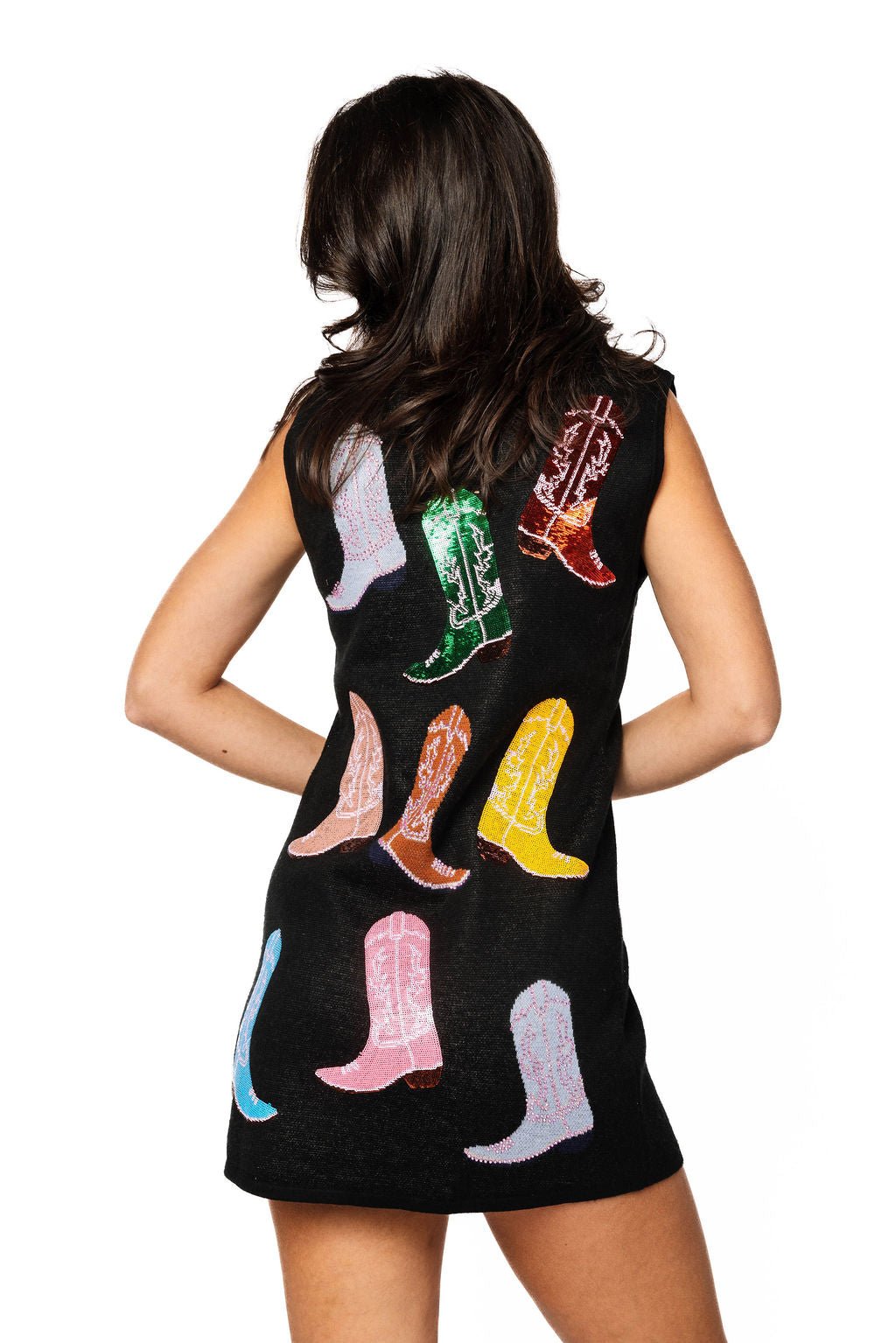 Queen of Sparkles Black Knit Multi Cowboy Boot Tank Dress