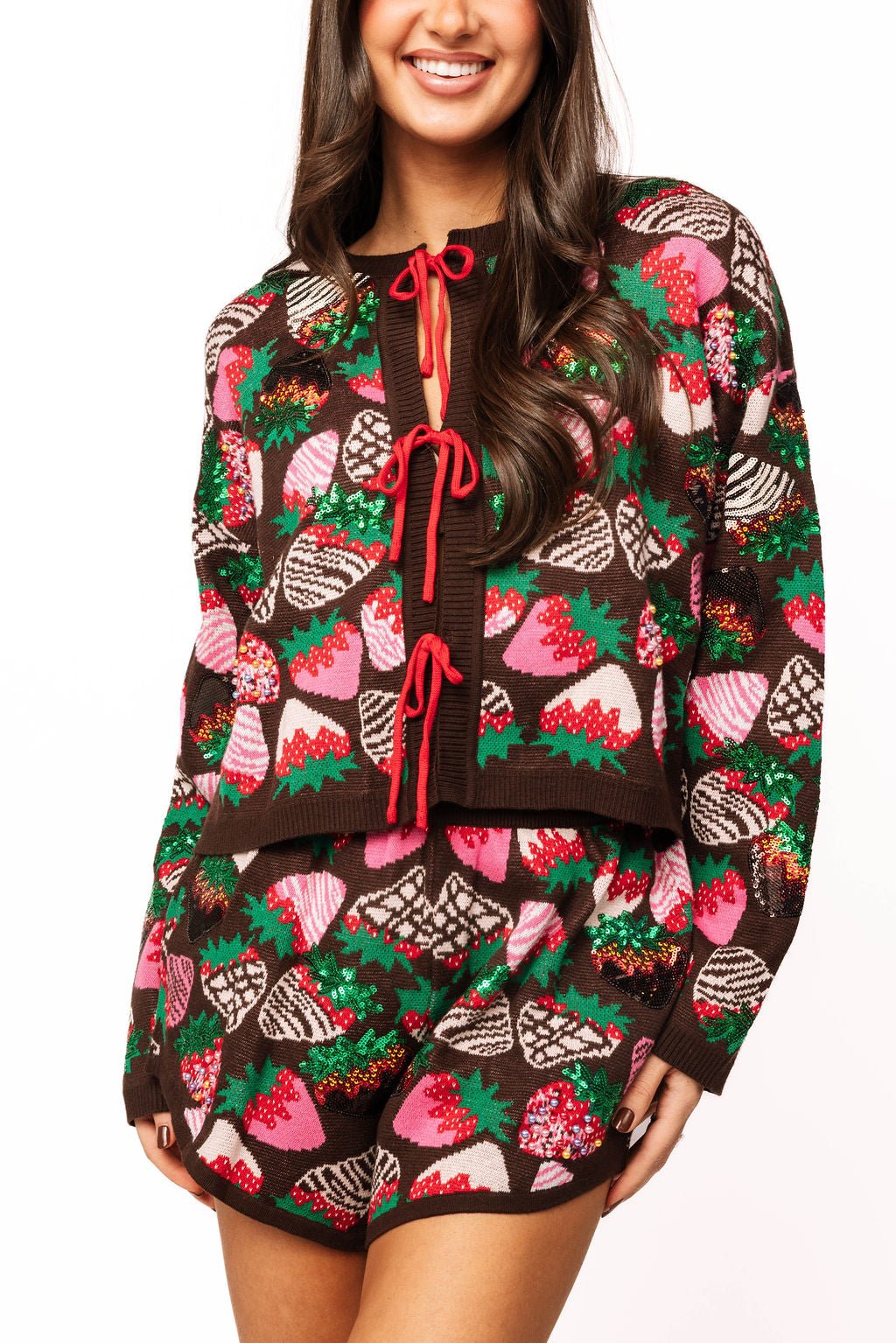 Queen of Sparkles Brown Multi Strawberry Tie Up Sweater