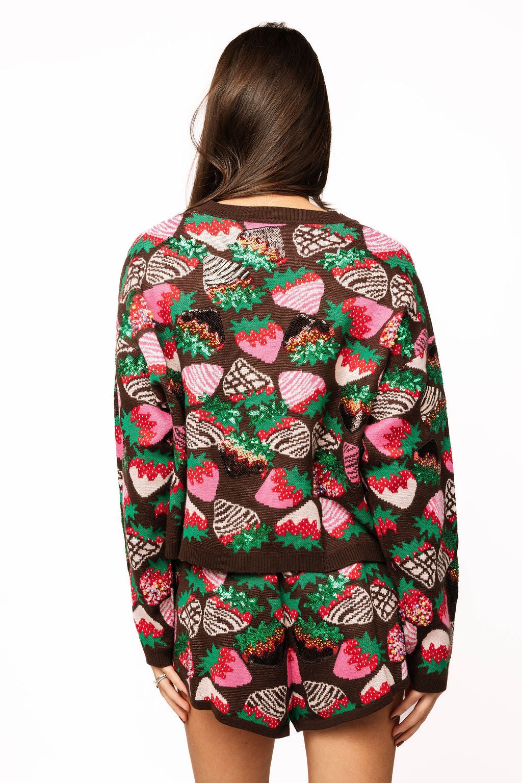 Queen of Sparkles Brown Multi Strawberry Tie Up Sweater