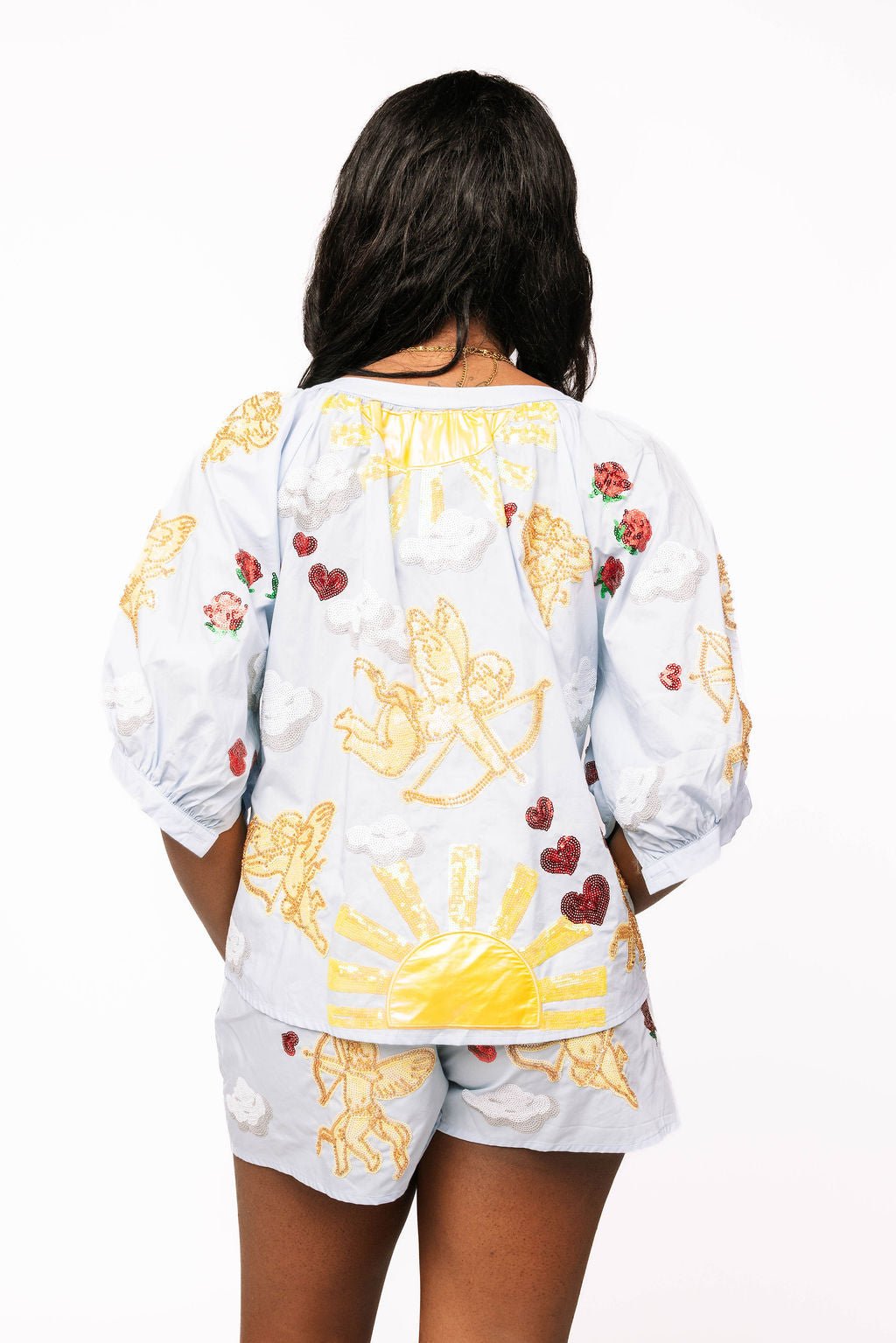 Queen of Sparkles Light Blue Cupid in the Sky Cotton Button Up