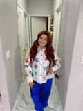 Queen of Sparkles Multi Passport Stamp Button Up Cotton Top