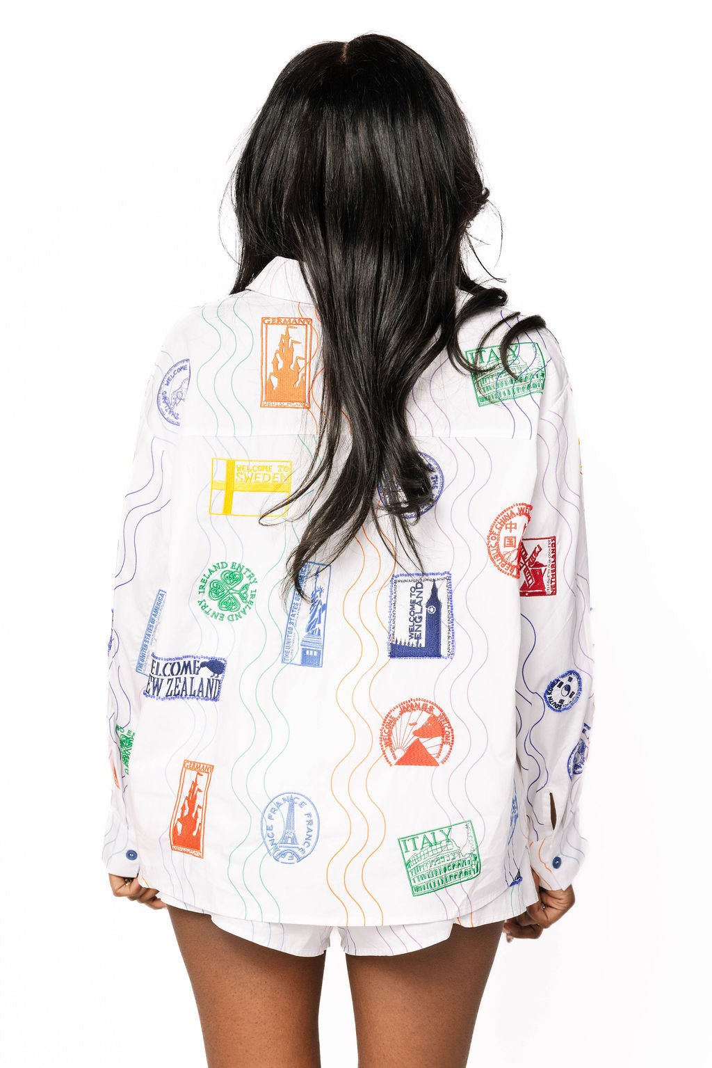 Queen of Sparkles Multi Passport Stamp Button Up Cotton Top