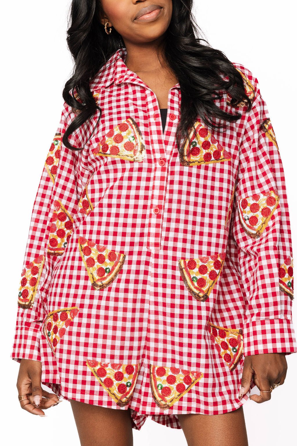 Queen of Sparkles Red & White Checkered Pepperoni Pizza Long Sleeve Button Up Cotton Romper