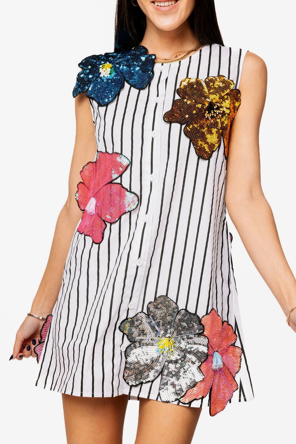 Queen of Sparkles White & Black Striped Multi Oversized Sequin Flower Dress