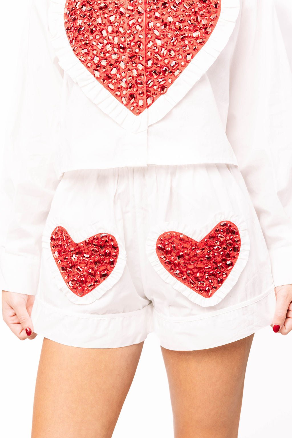 Queen of Sparkles White & Red Jeweled Ruffle Heart Cotton Short