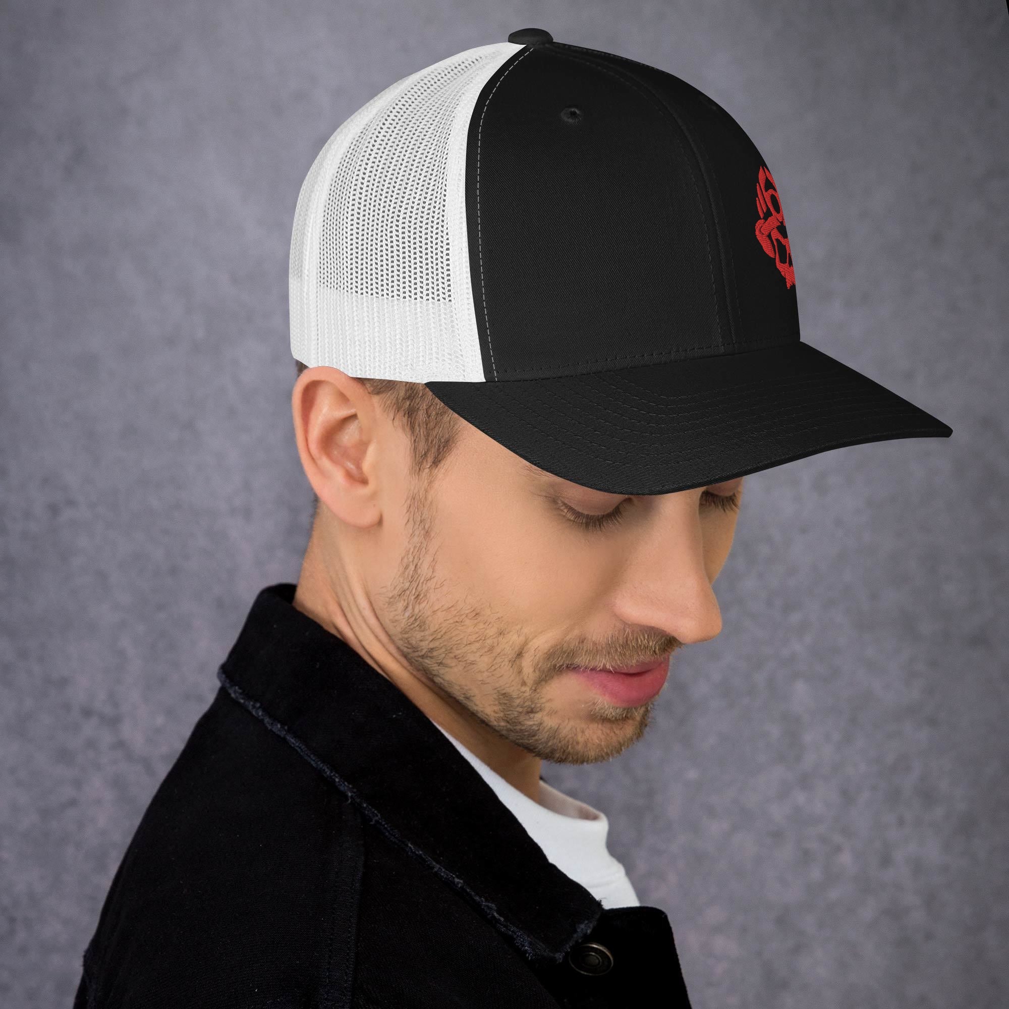 Red 3D Puff Skull Logo Trucker Hat