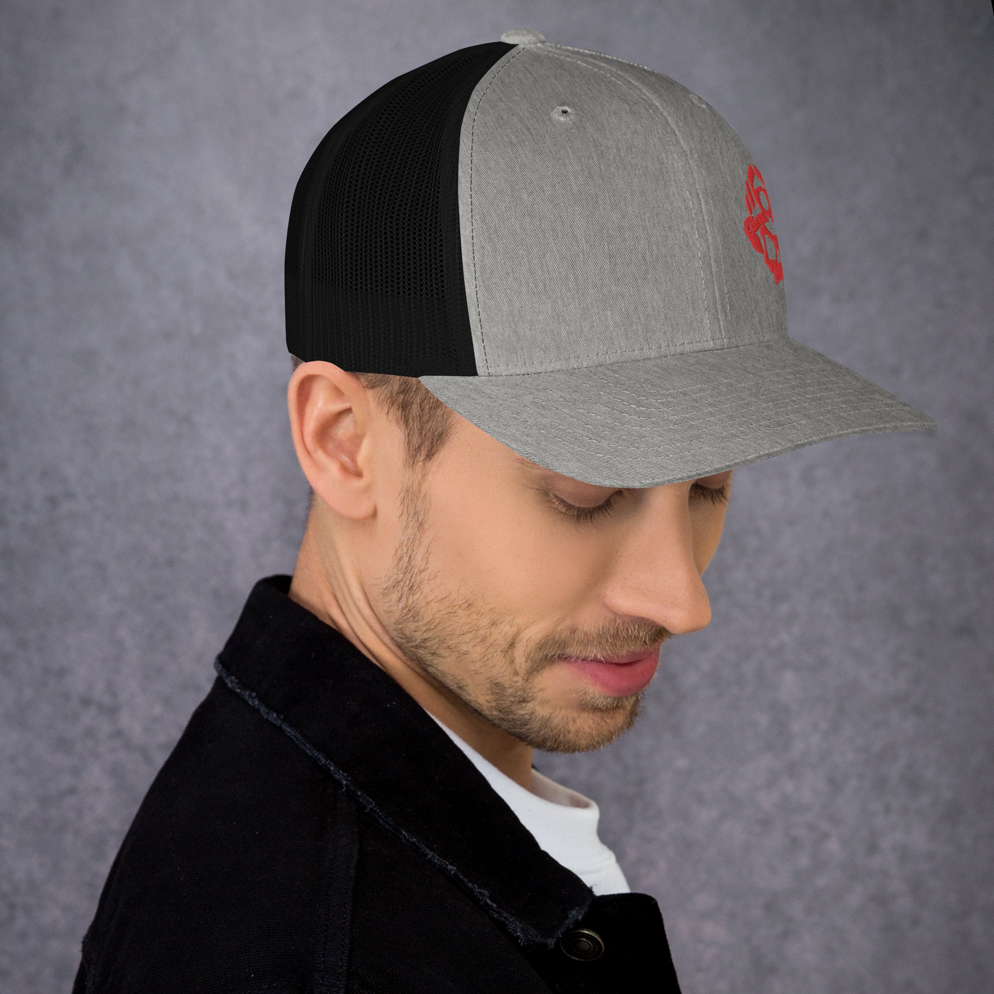 Red 3D Puff Skull Logo Trucker Hat