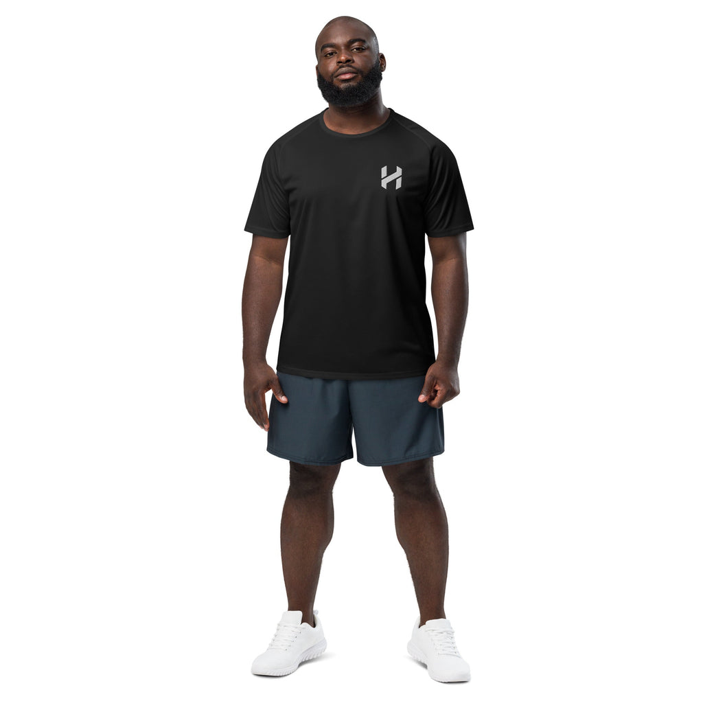 ShopHnH Men’s Performance Jersey – Black Athletic Mesh Workout Shirt | Breathable Polyester Gym & Streetwear Top with 3D Logo